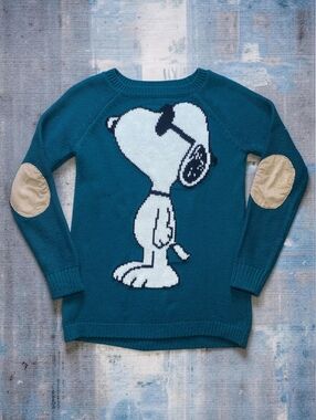Peanuts Women Sweater S Pullover Regular Teal Knit Acrylic Snoopy Elbow Patches